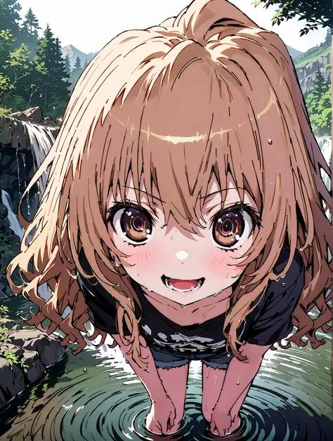 score_9, score_8_up, score_7_up, source_anime,
Taigaisaka, Aisaka Taiga, long hair, brown hair, brown eyes,ponytail,smile,open your mouth,plain black t-shirt,belly button sticking,denim micro shorts,Bare legs,wet skin,wet hair, wet clothes,is standing,riv...
