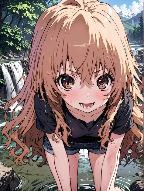 score_9, score_8_up, score_7_up, source_anime,
Taigaisaka, Aisaka Taiga, long hair, brown hair, brown eyes,ponytail,smile,open your mouth,plain black t-shirt,belly button sticking,denim micro shorts,Bare legs,wet skin,wet hair, wet clothes,is standing,riv...