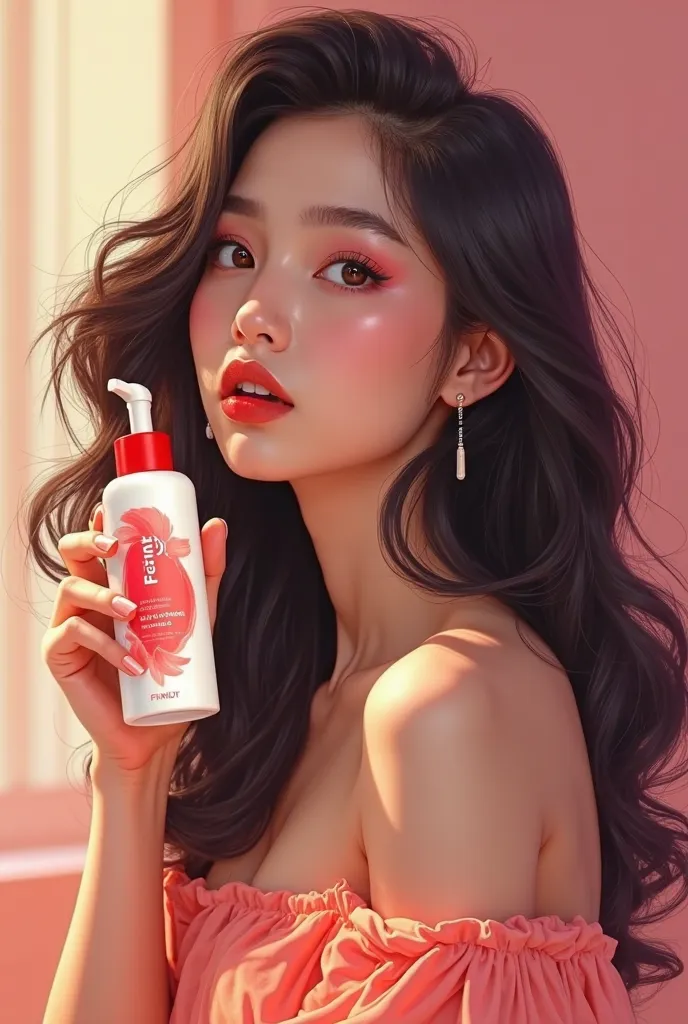 You can make a girl with a hair cream in her hand with her name called Frut doing what she likes and the bottle in white and red?