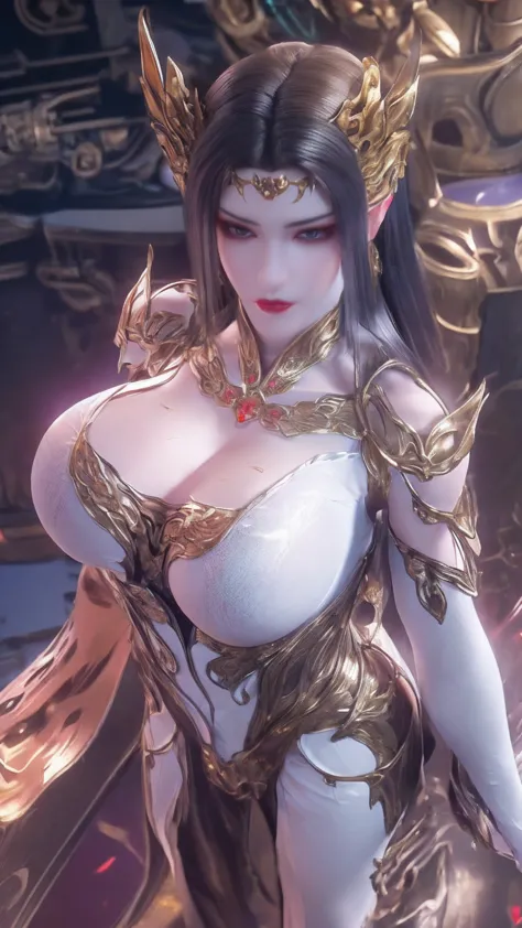 Queen,portrait, full body,,(beautiful white hair), ( huge fake breasts ,Lysis,Muscle Abs:1.3), (purple mechanical shiny future background ,white mechanical tight cheongsam suit:1.5),(slim figure:1.5), (sweaty plump body:1.5), ,(to watch the audience:1.3),(...