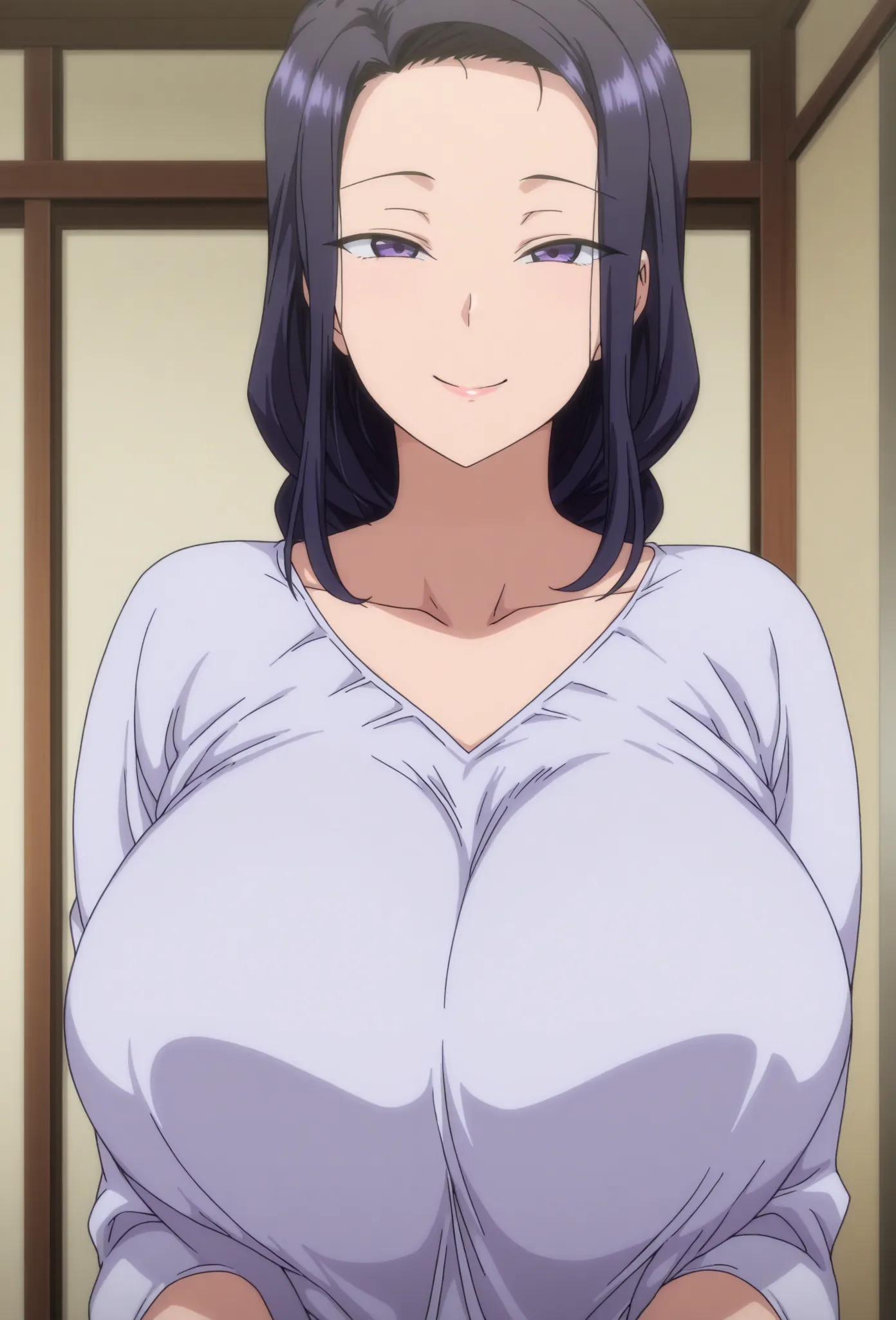 1girl,One,Mm,mature woman,black hair,Long hair,hair,purple eyes,big chest, anime coloring,
 shirt,upper body, looks at the viewer,  smile,indoors
, Masterpiece ,best quality,amazing quality,