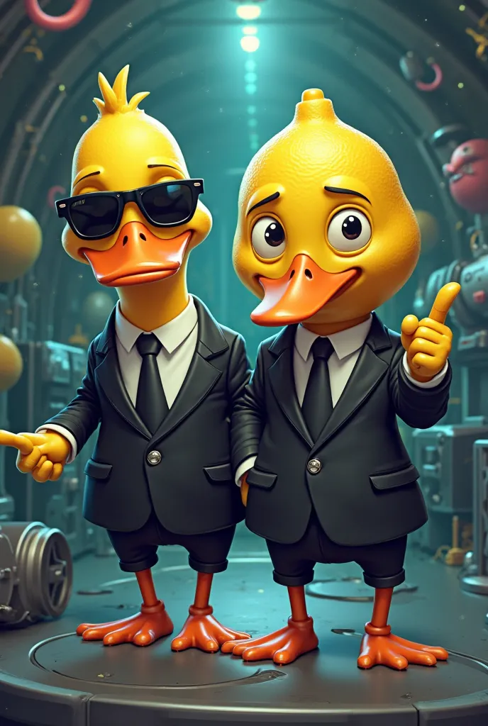 Create a cartoon-style image of two secret agents (MIB style) one of them being a duck and the other a lemon with a face