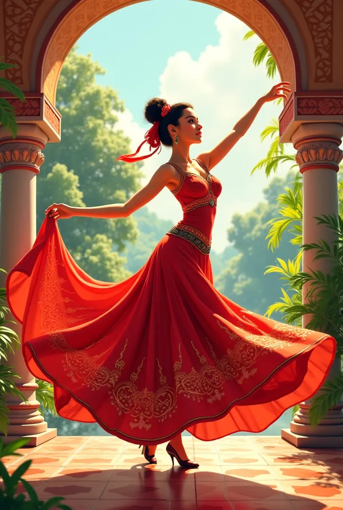 animated filipina dancer with filipino facial features while wearing traditional filipino dress in spanish colonial era in the philippines