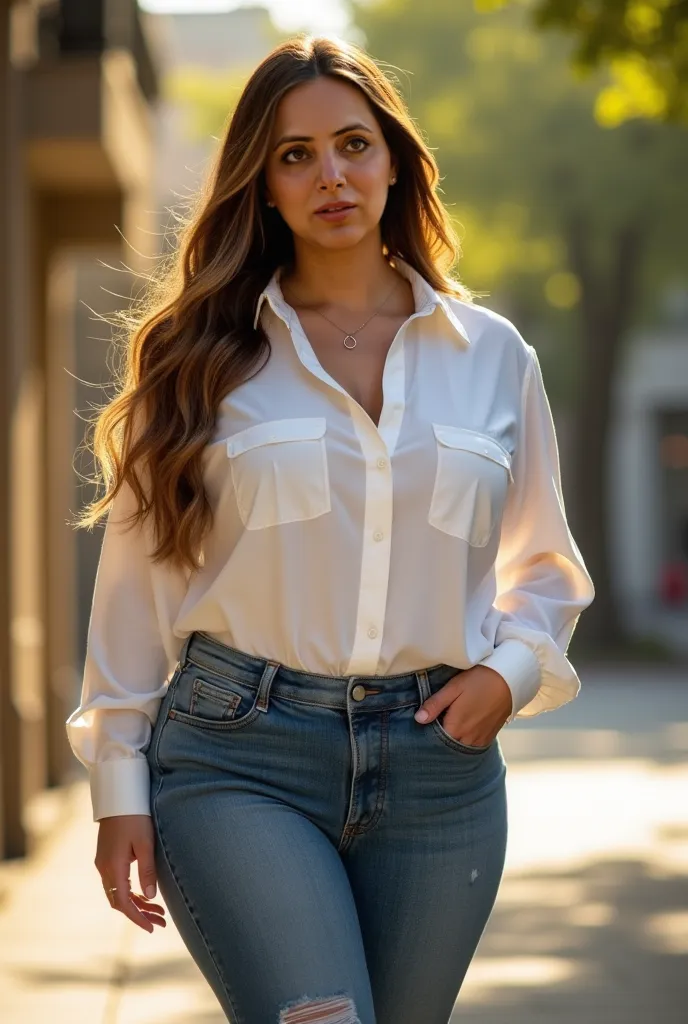 **"A breathtakingly voluptuous yet well-maintained woman with a 60-size bust, wide hips, thick thighs, and a perfectly flat stomach, exuding confidence and elegance. She wears a body-hugging long shirt made of soft lawn fabric, clinging perfectly to her ch...