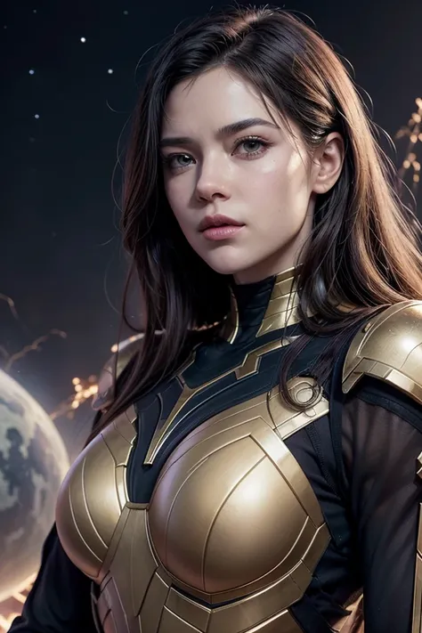 "Create a realistic, cinematic image of a gender-swapped version of Thanos. The character should have a strong, commanding presence, with a muscular build and deep, powerful features. She should have purple-toned skin, large glowing eyes, and a prominent, ...