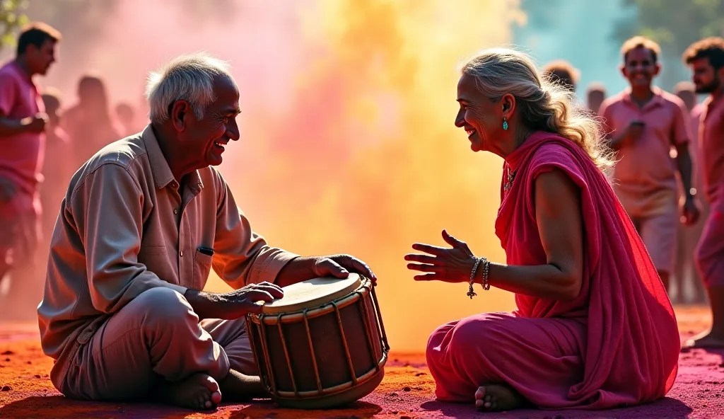 Old man playing drums in Holi and old woman dancing. Real photo 