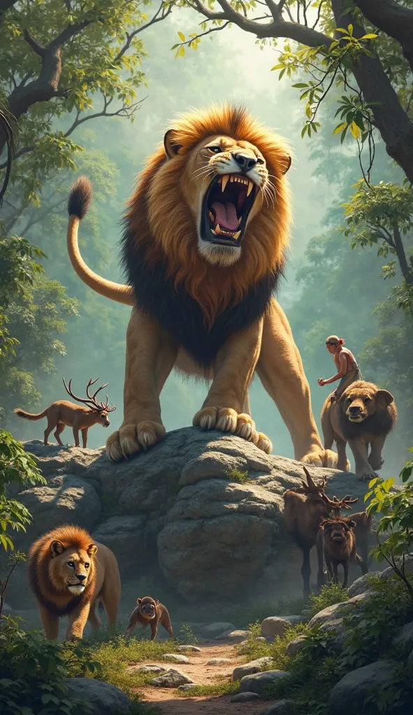 A mighty lion king roars fiercely, shaking the jungle. His powerful stance on a large rock shows dominance and justice. The guilty wolf cowers in fear, while the other animals, including a monkey, deer, and elephant, watch with awe and relief. The jungle s...