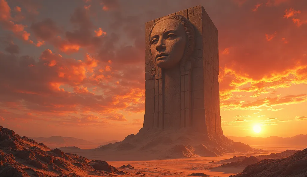 "A colossal Stoic statue emerges from a vast desert under a fiery red sunset, embodying resilience in the face of life’s harshest trials."