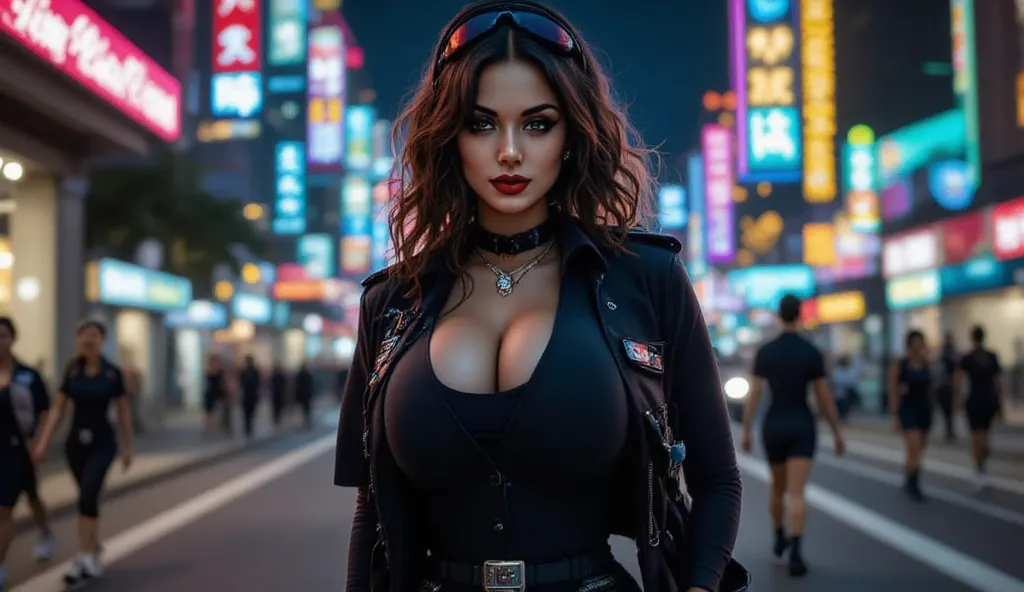 In a secretive night operation, a policewoman over 40 dons a hot, form-fitting uniform that leaves her chest tastefully exposed. Her long, wavy hair cascades down her back in loose, sensual waves, adding an air of mystery. With a slim utility belt, sleek c...