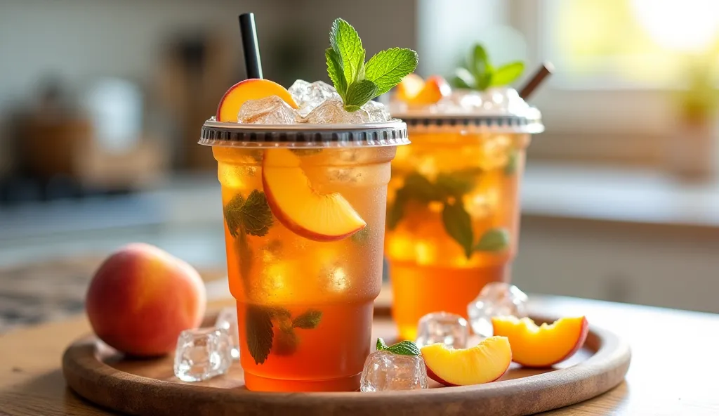 "A highly realistic and refreshing image of a plastic cup with a black lid containing iced tea with ice cubes, peach slices, and mint leaves.The cup is placed on a wooden tray. The tray has ice cubes, some containing peach slices and some containing mint l...