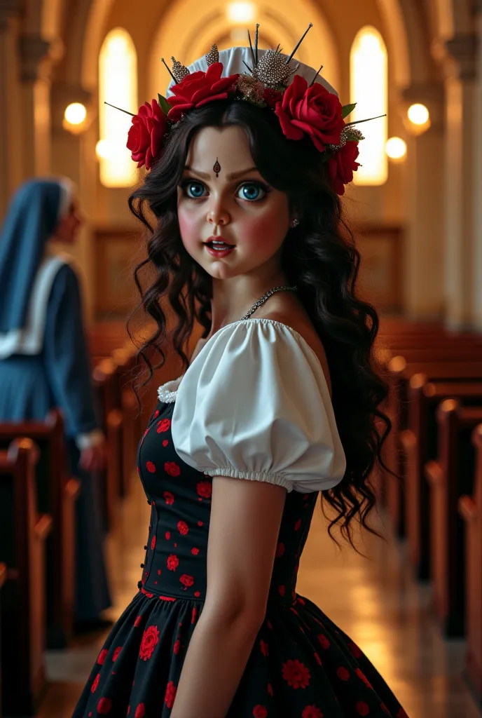 A young brunette woman with curly hair and a white brussel hat with a top intertwined around her red hat and a flower flower on the top with a wide face and thick eyebrows with light blue eyes and a piercing on her right brow with a spiked and silver thorn...