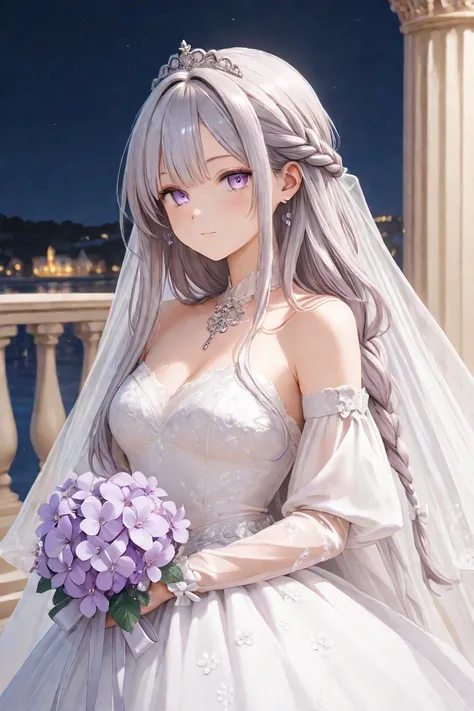  Silver Hair 、 light purple eyes、Braided long hair、night、beautiful、 lilac、 Wedding dress、Royal Palace