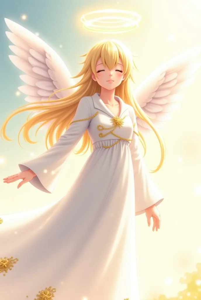 Creates a shining and delicate angel (In the anime style detailed with soft colors) Your hair is long and soft.she wears a white coat with gold embroidery and her wings are larger than those of the previous angels, consists of four wings. she has a bandage...