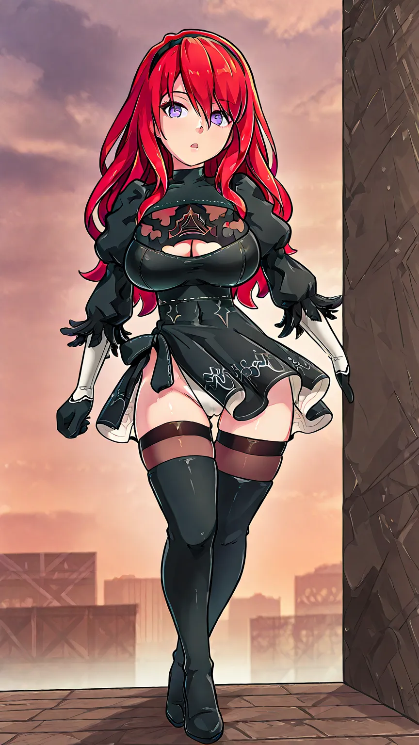 slender Caucasian girl with huge breasts, Perfect long wavy red hair with purple eyes, with a rough and sexy look. He wears a 2B Nier Automata costume with red hair. In the background of Nier Automata. wallpaper style.