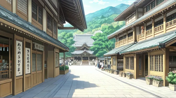 A spacious landscape in anime style, you can see a beautiful old Japanese town, with branching streets, shops, gardens, parks, with a variety of architecture, you can see many houses in Japanese style.