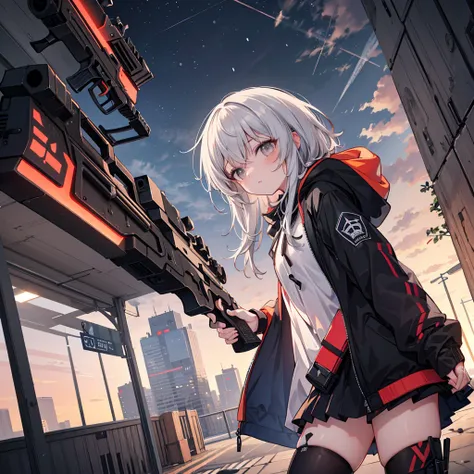 1 girl,Alone,from side,cowboy shooting, UMP45  \(Girls Frontline\),flat chest,hooded jacket,Open Jacket,white shirt, Ammo Pouch ,bracelet,exoskeleton,(Scar above eye:0.8),(holding a weapon, H&K UMP ),standing behind, night , it's snowing,cloudy sky,Unmanne...