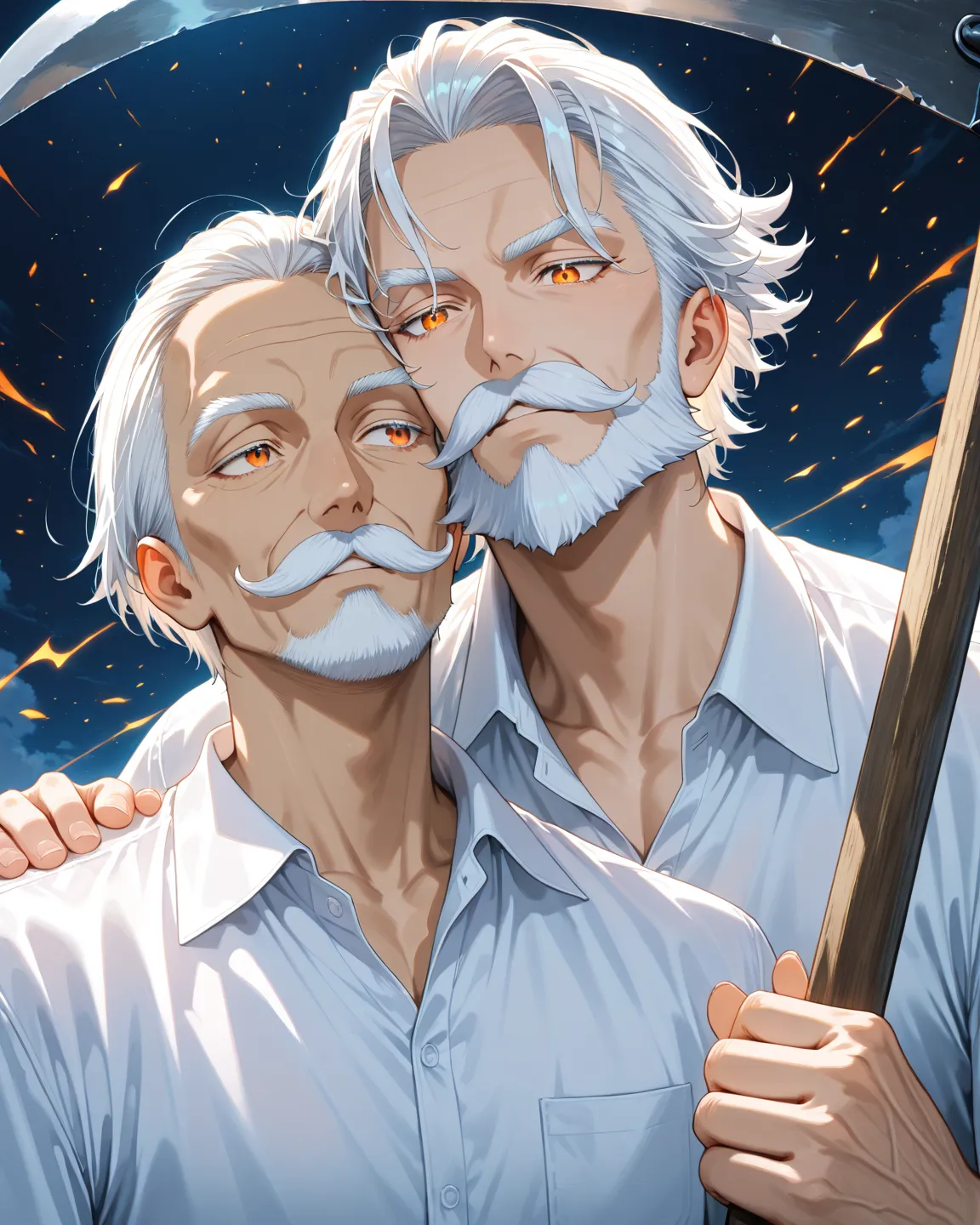 Best quality, one old man, slightly stocky body, white hair, white mustache, tan skin, orange eye, holding the hoe propped against the shoulder, white shirt, short hair, short mustache