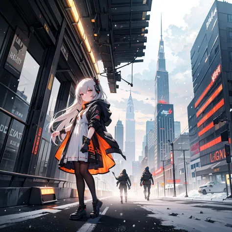 1 girl,Alone,from side,Kubby, UMP45  \(Girls Frontline\),flat chest,hooded jacket,Open Jacket,white shirt, Ammo Pouch ,bracelet,exoskeleton,(Scar above eye:0.8),(holding a weapon, H&K UMP ),standing behind, night , it's snowing,cloudy sky,Unmanned, Skyscra...