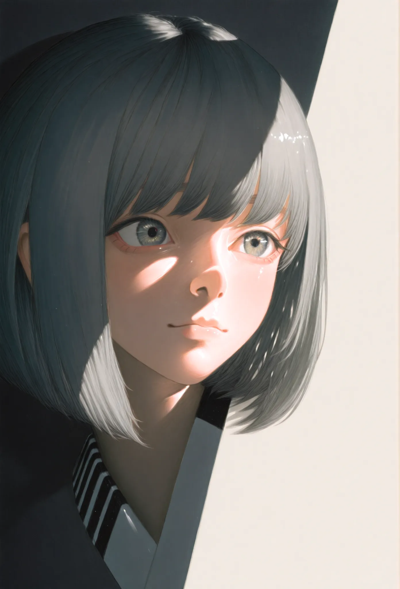 A super-realistic medium shot of a cute Japanese model. She has grey bob hair and looks into the camera with a natural expression. Bright natural light illuminates the scene, casting diagonal striped shadows on the background and her face. The balance of l...