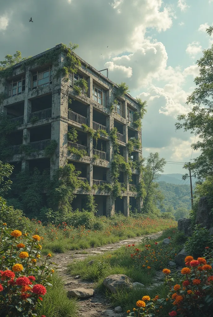 Create a background image for my mental map that is about global warming and about a film about time travel and awareness to save the planet, I want an image that is an abandoned building facing and with nature, animals and flowers occupying this building,...