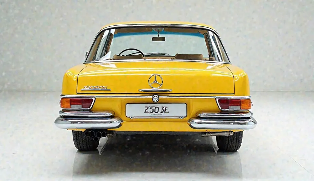 Back side view of painted yellow 1970 Mercedes-Benz 250 SE in sleek, large-shape sedan in large size with Mercedes-Benz logo on its large detailed grille in shiny white color with angular sporty design captur back side view  with modified sleek backlights ...