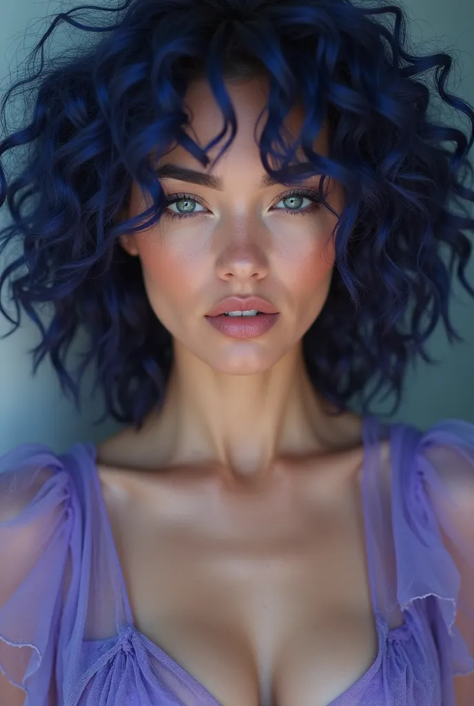 a caucasian woman with curly dark blue hair, violet lips, peach skin, big blue eyes, huge breast violet transparent silk clothing, in the style of Sony Alpha A7 III camera, anamorphic lens flare, video, close up, jagged edges, light beige and blue --ar 73:...