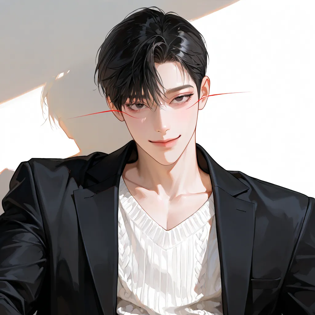 (((ultra high definition))), 걸작, 고화질, handsome,  sitting , (((upper body))), Dark circles, Worn out, black hair, 1 man, short hair, dark black hair, smile, A mean laugh, MALE FOCUS, handsome man, sharp eyes, Korean Comic Style ,  I can see my collarbone,  ...