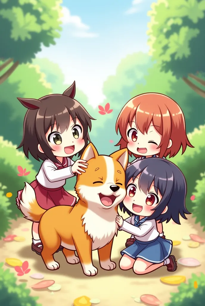 Draw a dog celebrating 3 girls, the girl is rubbing his head ( chibi style . )