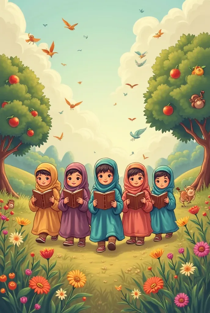 A group of  fifteen of islamic  little s cartoons wearing colourfuldresses and turban s walking in fields and holding books which write on the first page word quran holding in their hands surrounded by fruity trees, animals, birds, and flowers