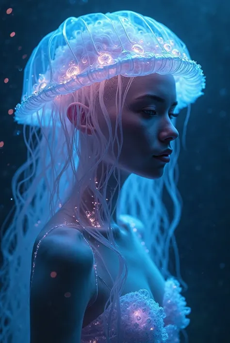 A humanoid being inspired by jellyfish. His skin is translucent and glows softly in the dark, showing bluish and lilac colors. Her hair is floating tentacles, undulating like those of a jellyfish, pulsing lightly with luminous tones.  Your eyes are serene ...