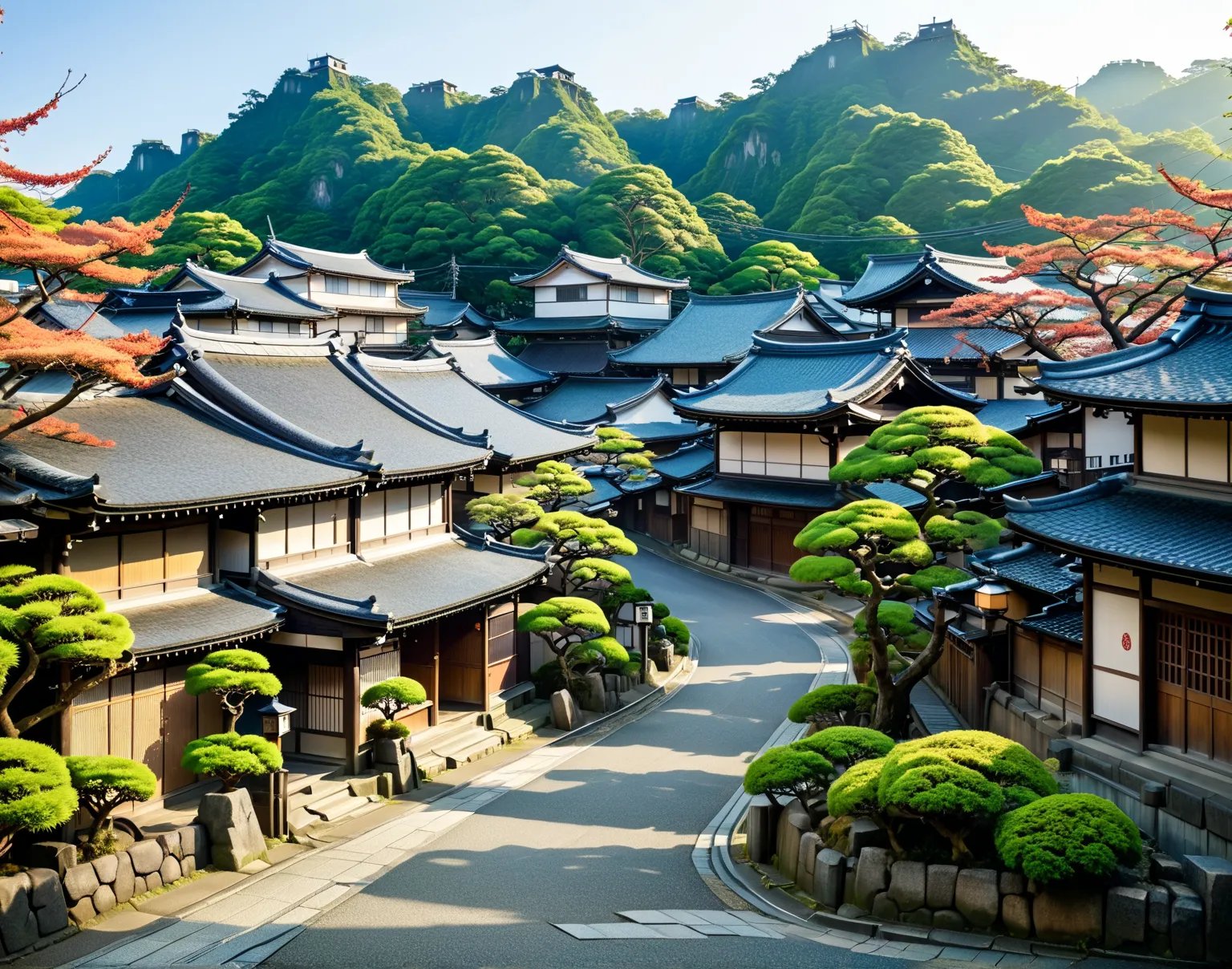 A spacious landscape in anime style, you can see a beautiful old Japanese town, with branching streets, shops, gardens, parks, with a variety of architecture, you can see many houses in Japanese style.