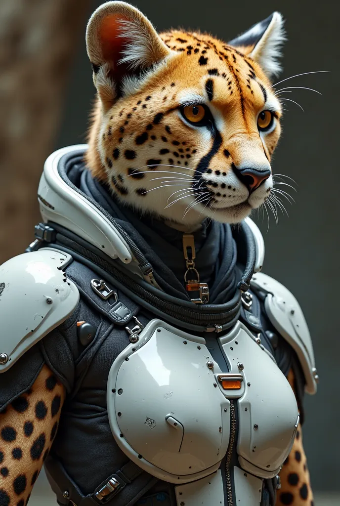 A cheetah with human shoulders and space suit, highly technologically advanced, head to breast. Silicone Cybernetics.

High Resolution, Masterpiece, Award Winning, Best Quality, High Details, High Quality, UHD, Optical Illusion, Impressionism, Art Deco, Ci...