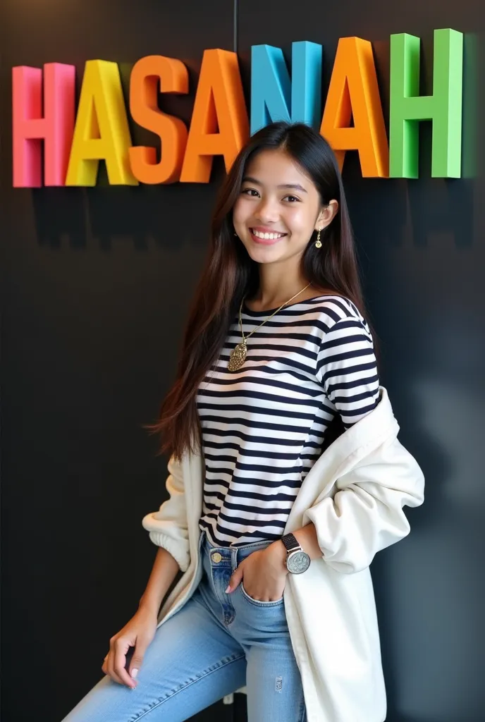 a beautiful 27 year old Asian girl, long hair, wearing a long-sleeved T-shirt with black and  white horizontal stripes and a combination of white &  long jacket wearing a watch, wearing a necklace, wearing earrings, wearing jeans and white shoes, leaning b...