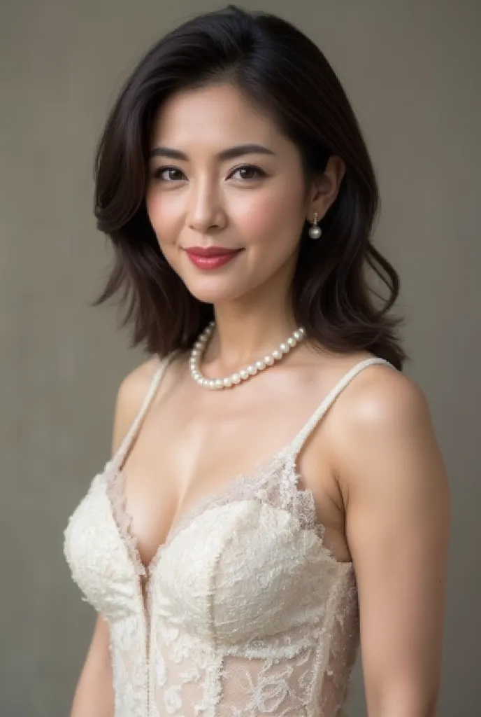 A close-up portrait of a glamorous 50-year-old Japanese woman with a curvy, hourglass figure, wearing a stunning mermaid-style wedding dress with a dramatic thigh-high slit. The dress is adorned with intricate lace detailing and shimmering embellishments, ...