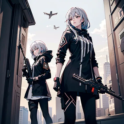 1 girl,Alone,from side,cowboy shooting, UMP45  \(Girls Frontline\),flat chest,hooded jacket,Open Jacket,white shirt, Ammo Pouch ,bracelet,exoskeleton,(Scar above eye:0.8),(holding a weapon, H&K UMP ),standing behind, night , it's snowing,cloudy sky,Unmanne...