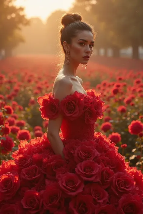 A stunning, elegant woman in a breathtaking haute couture gown made entirely of delicate, vibrant red roses, each petal intricately detailed. The gown flows like a living floral masterpiece, with sparkling dewdrops on the petals catching the soft golden su...