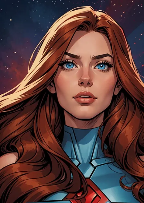  21-year-old woman, long straight hair in a red tone, bright and expressive blue eyes, micro . in this, to hide. comic style. Marvel comics