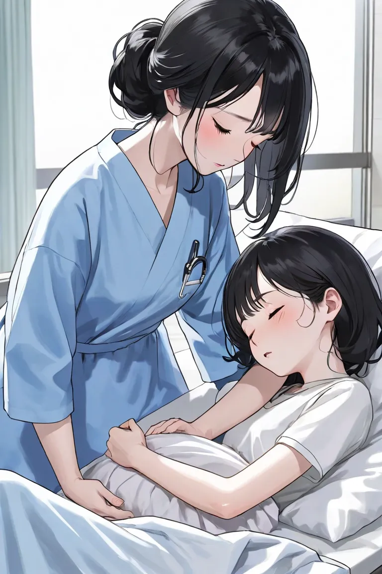 hospital、black hair long、A  is holding the hand of a beautiful mother sleeping on her hospital bed、Mother is crying、Mother is close to death、The  is crying a lot、The  is about 