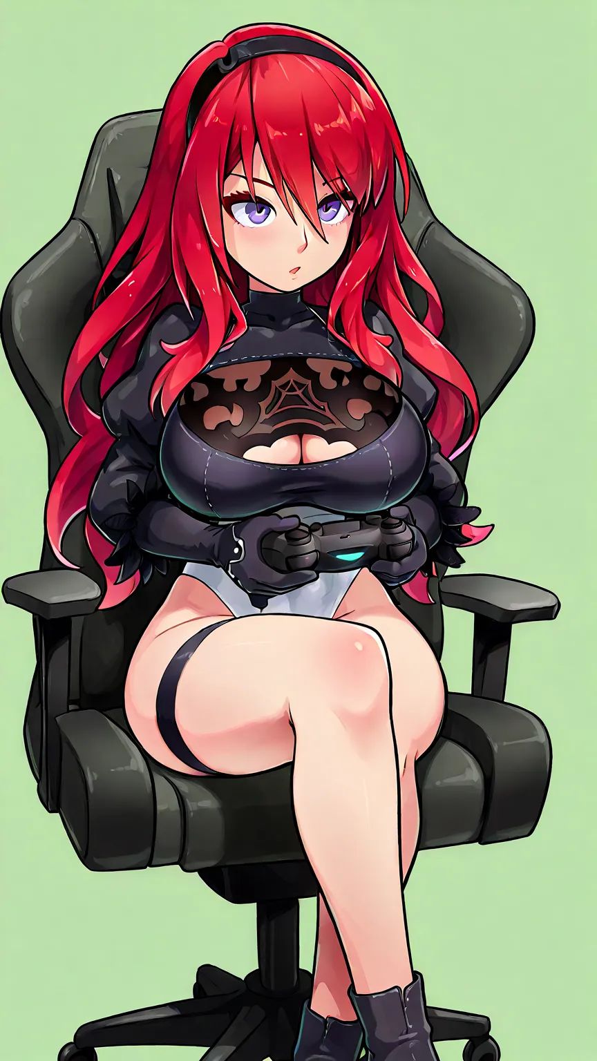 slender Caucasian girl with huge breasts, Perfect long wavy red hair with purple eyes, with a rough and sexy look. He wears a 2B Nier Automata costume with red hair. Hold a video game controller, sitting looking straight ahead and sitting in her gamer chai...