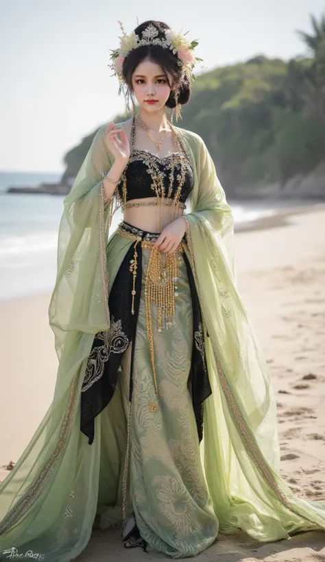 A graceful figure stands poised in a magnificent traditional costume, adorned with elaborate floral headdress and cascading golden accessories, capturing the essence of cultural elegance. The ensemble features a shimmering black top intricately embellished...