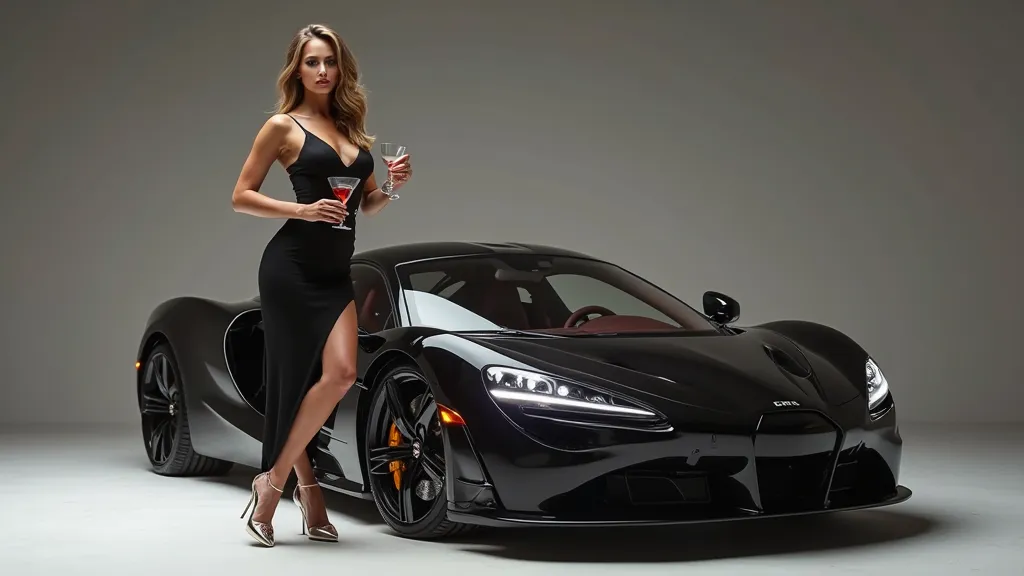 girl in body dress holding cocktail glasses standing next to black supercar in studio