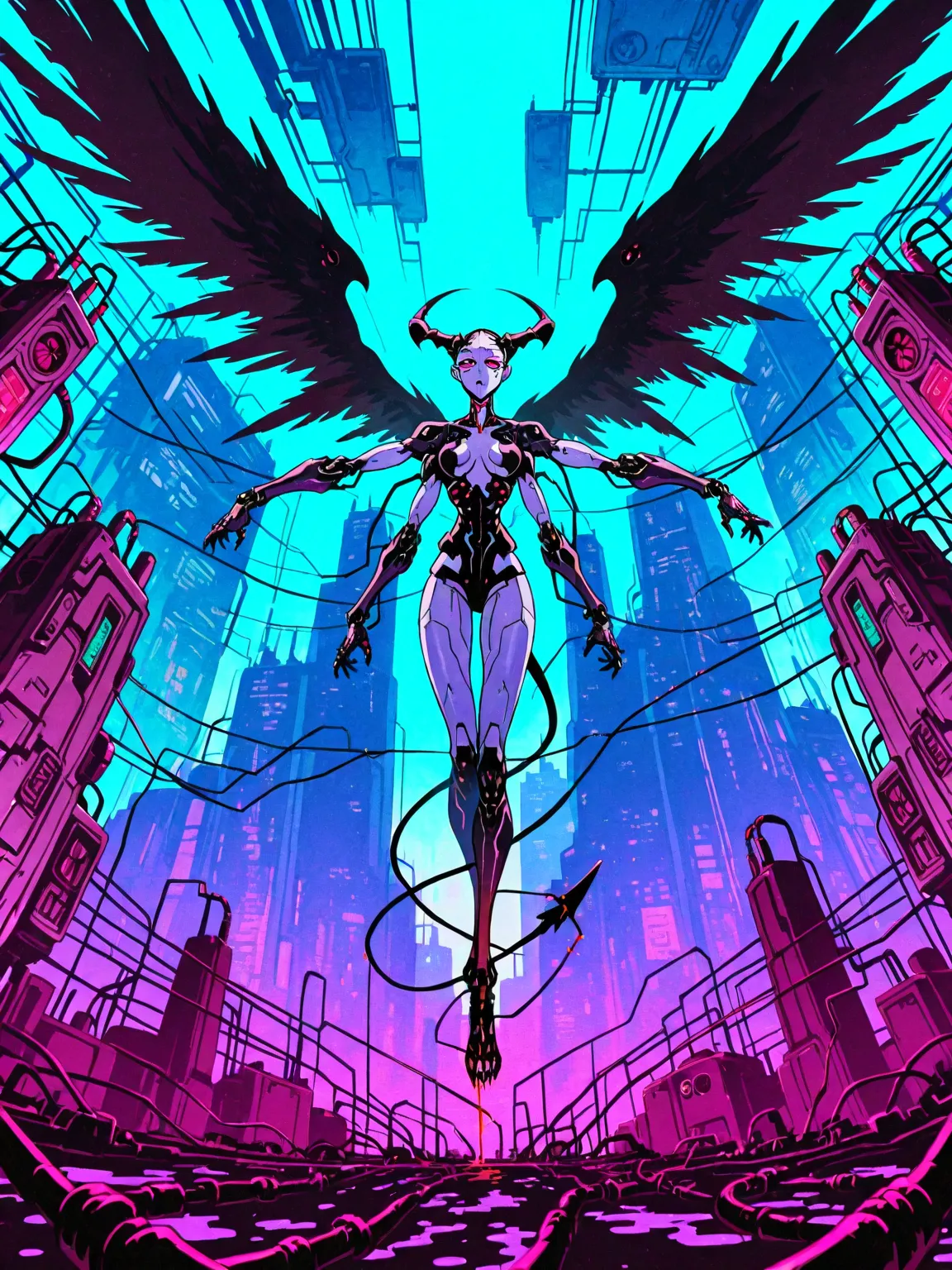 ((foreground))((Flat to face))((low angle)) ((NAKED)): Chica demonio, purple skin, TAIL, black wings ,Horns,  four arms , NAKED,  robotic circuits , breasts, devices futuristic,circuits, blood. Background: cyberpunk city. dark atmosphere.