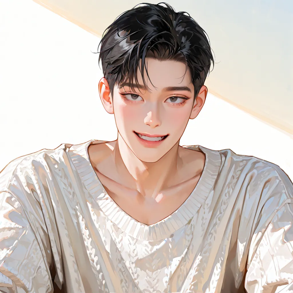 (((ultra high definition))), 걸작, 고화질, handsome,  sitting , (((upper body))), Dark circles, Worn out, black hair, 1 man, short hair, dark black hair, smile, A mean laugh, MALE FOCUS, handsome man, sharp eyes, Korean Comic Style ,  I can see my collarbone,  ...