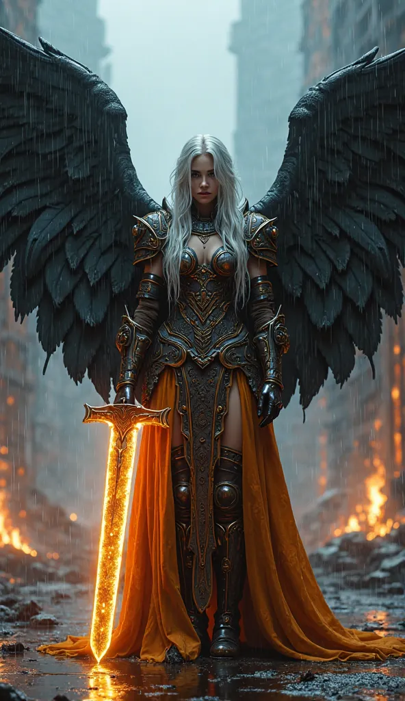 A cinematic, hyper-realistic digital painting of a **majestic female warrior angel**, standing in the ruins of a destroyed city at night, under heavy rain. She wears **dark orange battle armor**, intricately detailed with glowing ancient engravings, exudin...