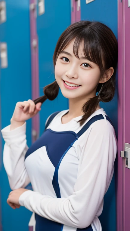 Highest quality,8k,High resolution,Very complicated、Pigtails or bob cut、bangs,young,smile,Brown Hair,Long hair curled inwards,sexy、(high school student:1.3)、Baby Face、Full body image、Indoors as much as possible、Not bad、Gu-par Exposure、news、Happy、cute、(lock...