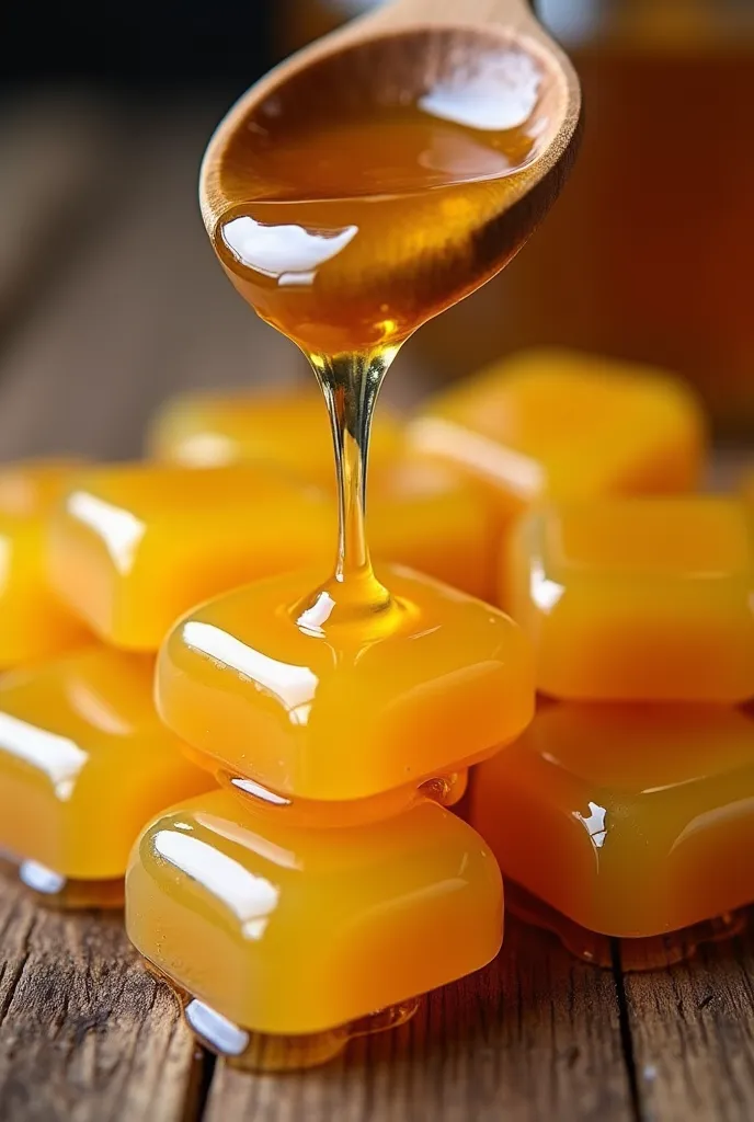 A beekeeping scene with golden and shiny honey tablets, attractively arranged on a rustic wooden surface. A full wooden spoon slowly pours a trickle of thick, viscous honey over the tablets, creating an appetizing visual effect. The lighting is warm and na...