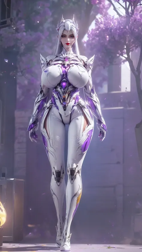 full body photo,,(White hair,Phoenix Gold Helmet), ( huge fake breasts ,Lysis,Muscle Abs:1.5), ( purple mecha shines on the future background , Purple and white mecha armguard  , white mecha tights suit  :1.5),(White High Heels),( slim figure:1.5), (sweaty...