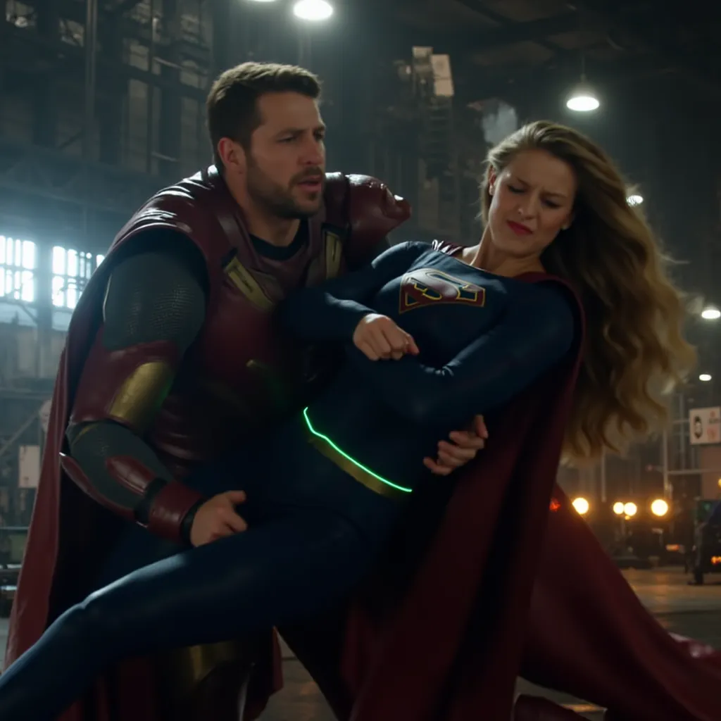 Melissa Benoist as Supergirl, fighting with an enemy, she is sexual assaulted from behind Lex Luther the villain, she bend down and push his hand out, a green lighting collar on her neck, painful face, (she is screaming in pain), Lex Luther is a strong big...