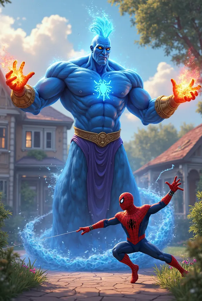 "Spider-Man and a powerful genie engaged in an intense battle outside a suburban house in the garden. Spider-Man, wearing his classic red and blue suit with detailed web patterns, leaps into action, shooting a web toward the massive, glowing blue genie. Hi...