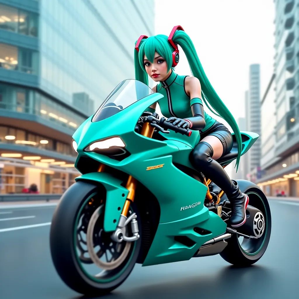 ((Cute Japanese woman in Hatsune Miku cosplay costume))racing a peppermint green Ducati Panigale V4 through ((futuristic city streets)), High Quality, Professional, 4K, 8K, Ultra High Quality, Photorealistic, Physically Based Rendering, Extremely Detailed,...